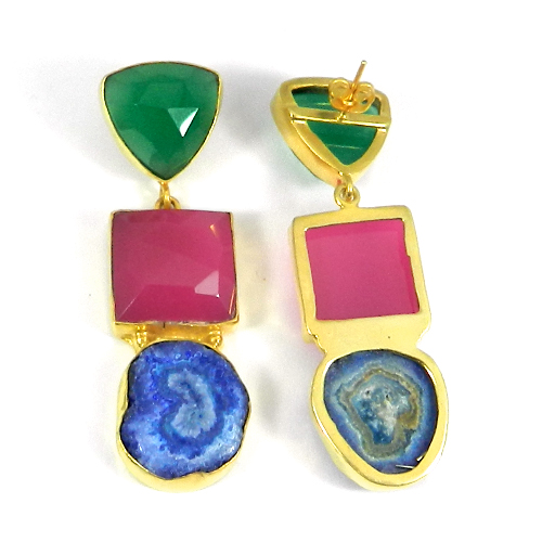 Multi Gemstone Handcrafted Gold Plated Bezel Set Long Stud Earring