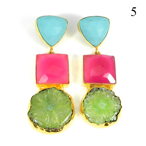 Multi Gemstone Handcrafted Gold Plated Bezel Set Long Stud Earring