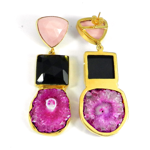 Multi Gemstone Handcrafted Gold Plated Bezel Set Long Stud Earring