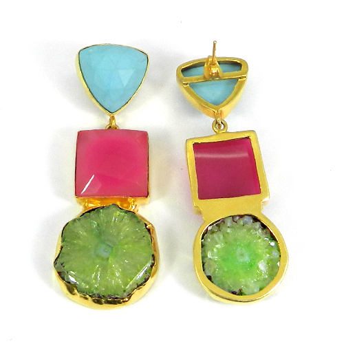 Multi Gemstone Handcrafted Gold Plated Bezel Set Long Stud Earring