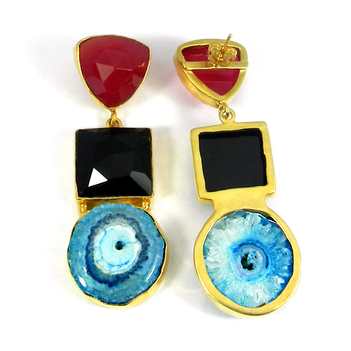 Multi Gemstone Handcrafted Gold Plated Bezel Set Long Stud Earring