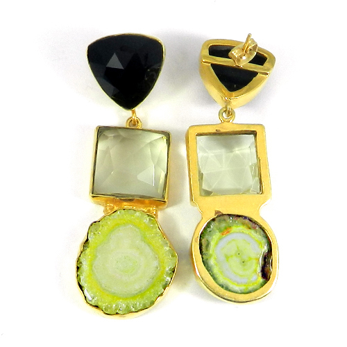 Multi Gemstone Handcrafted Gold Plated Bezel Set Long Stud Earring