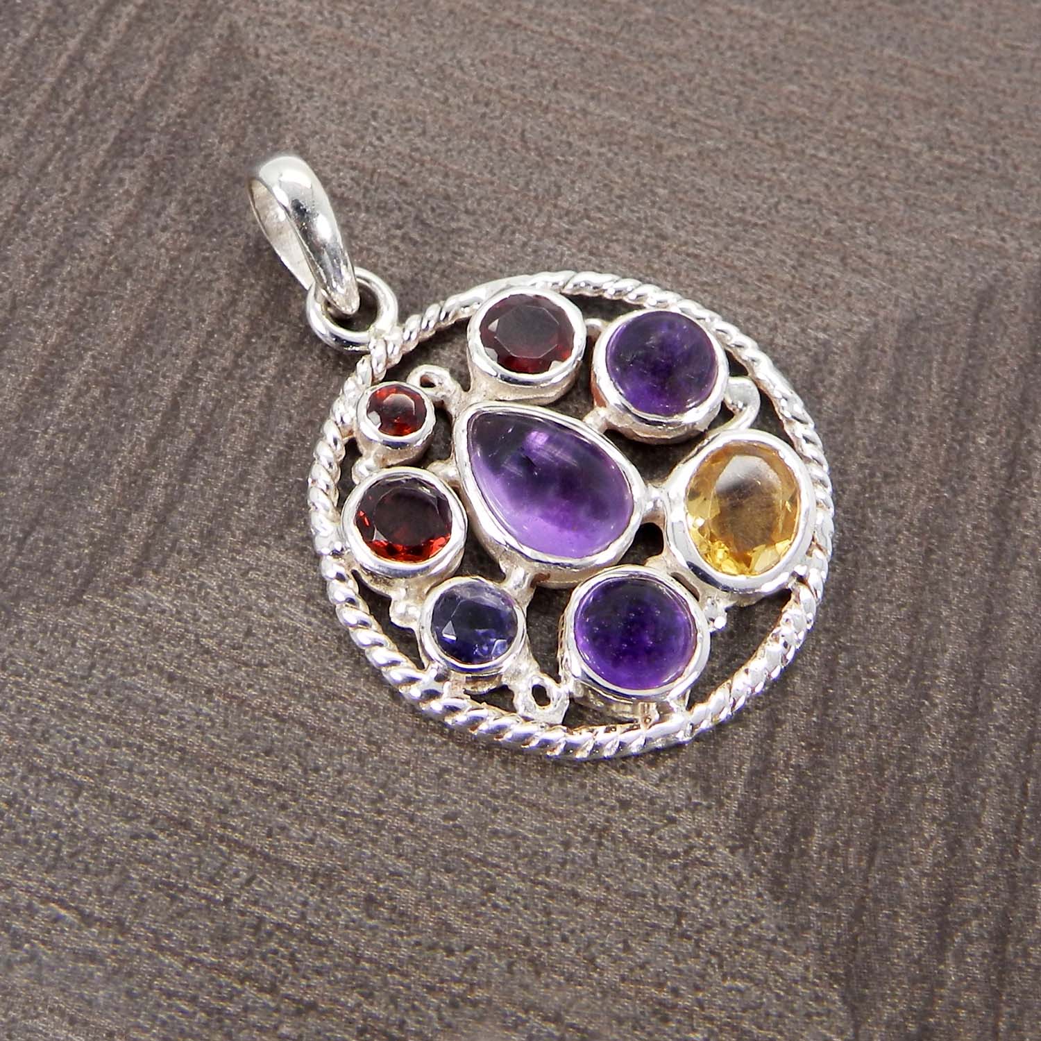 Multi Gemstones Chakra Designer 925 Sterling Silver Pendant