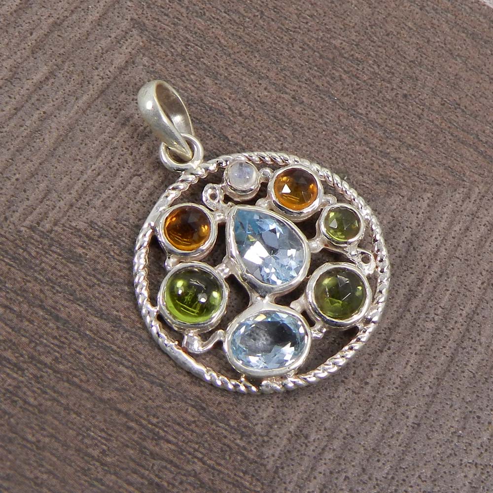 Multi Gemstones Chakra Designer 925 Sterling Silver Pendant
