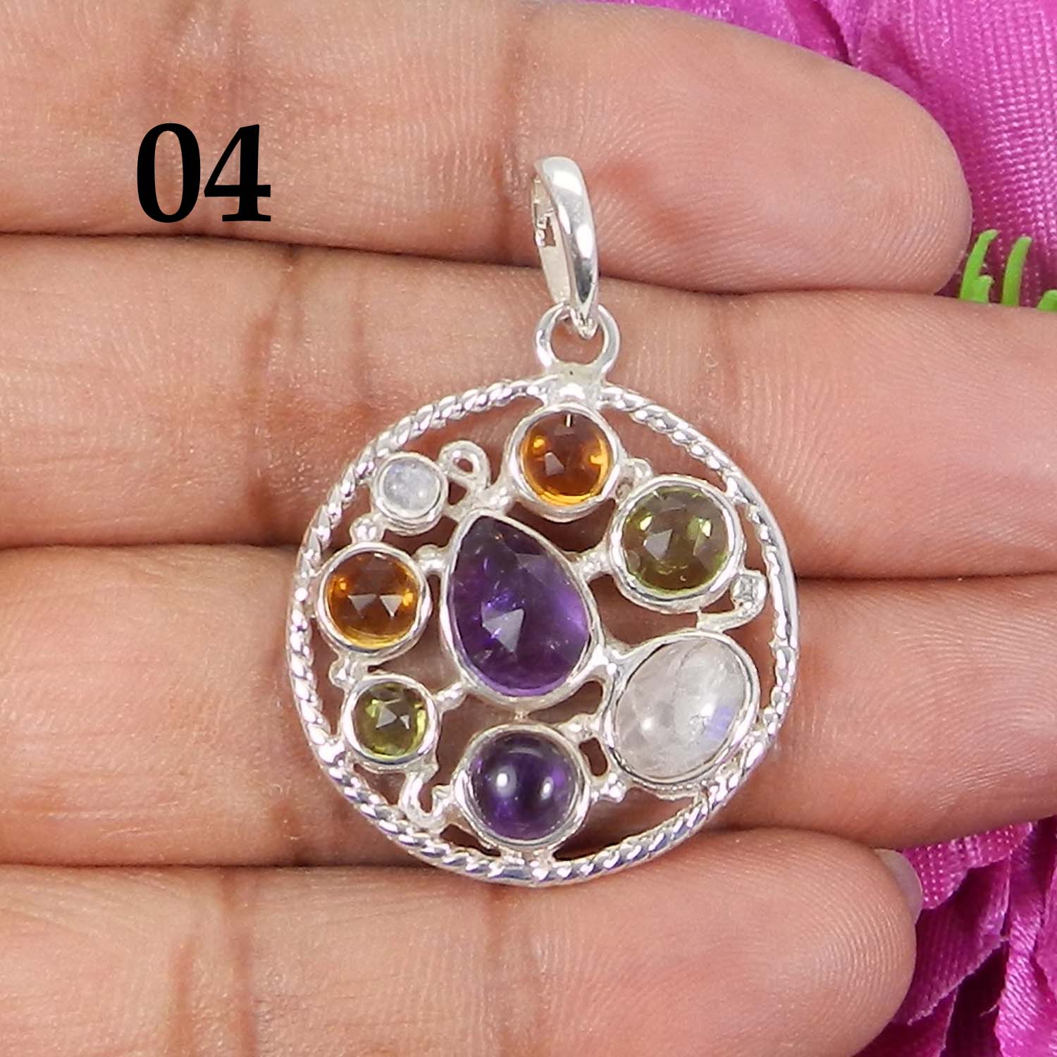 Multi Gemstones Chakra Designer 925 Sterling Silver Pendant