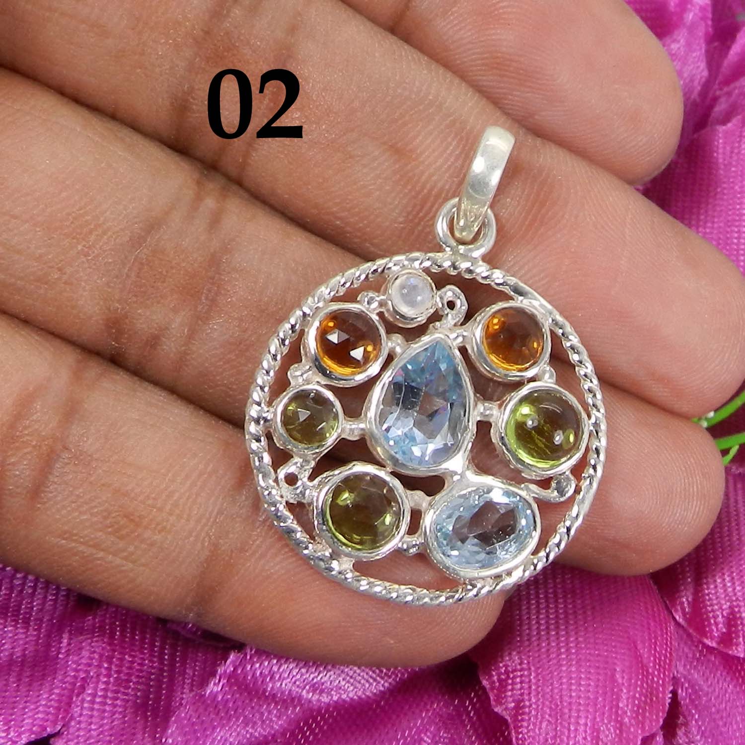 Multi Gemstones Chakra Designer 925 Sterling Silver Pendant