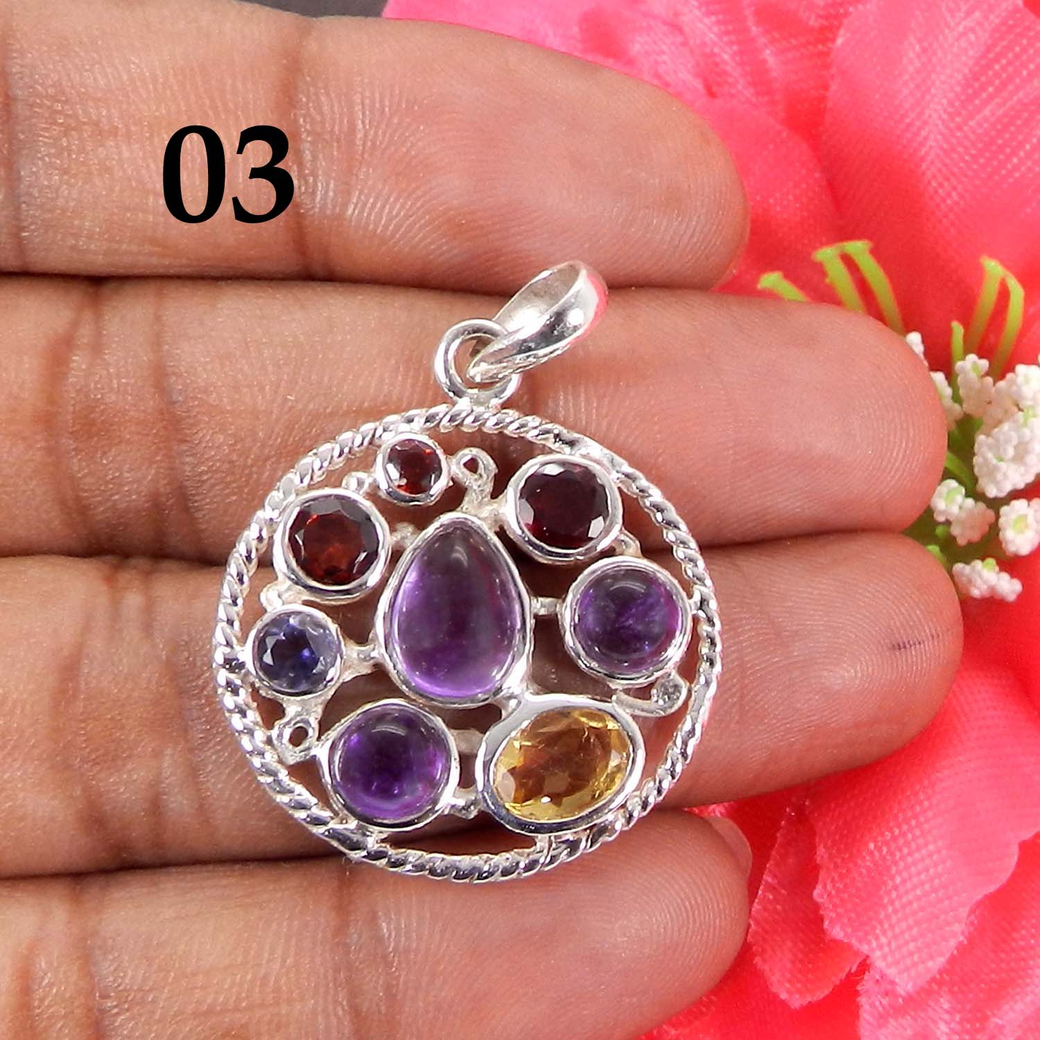 Multi Gemstones Chakra Designer 925 Sterling Silver Pendant