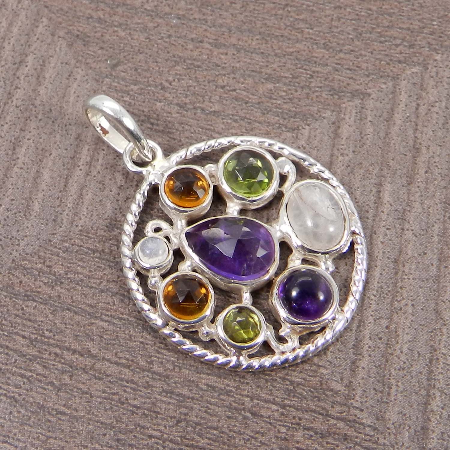 Multi Gemstones Chakra Designer 925 Sterling Silver Pendant