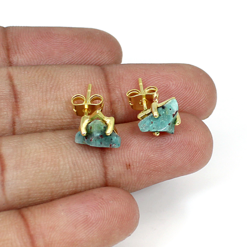 Natural African Turquoise Gemstone Brass Gold Plated Stud