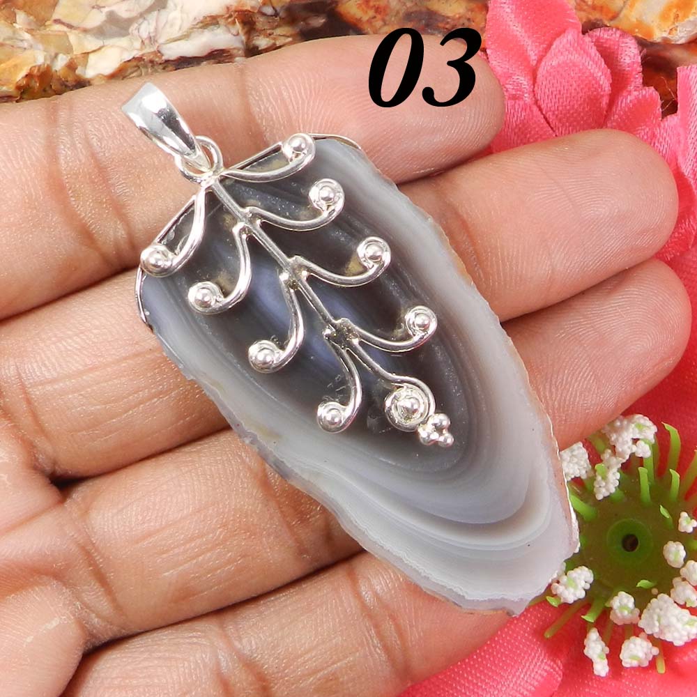 Natural Agate Slice 925 Sterling Silver Designer Bezel Set Pendant