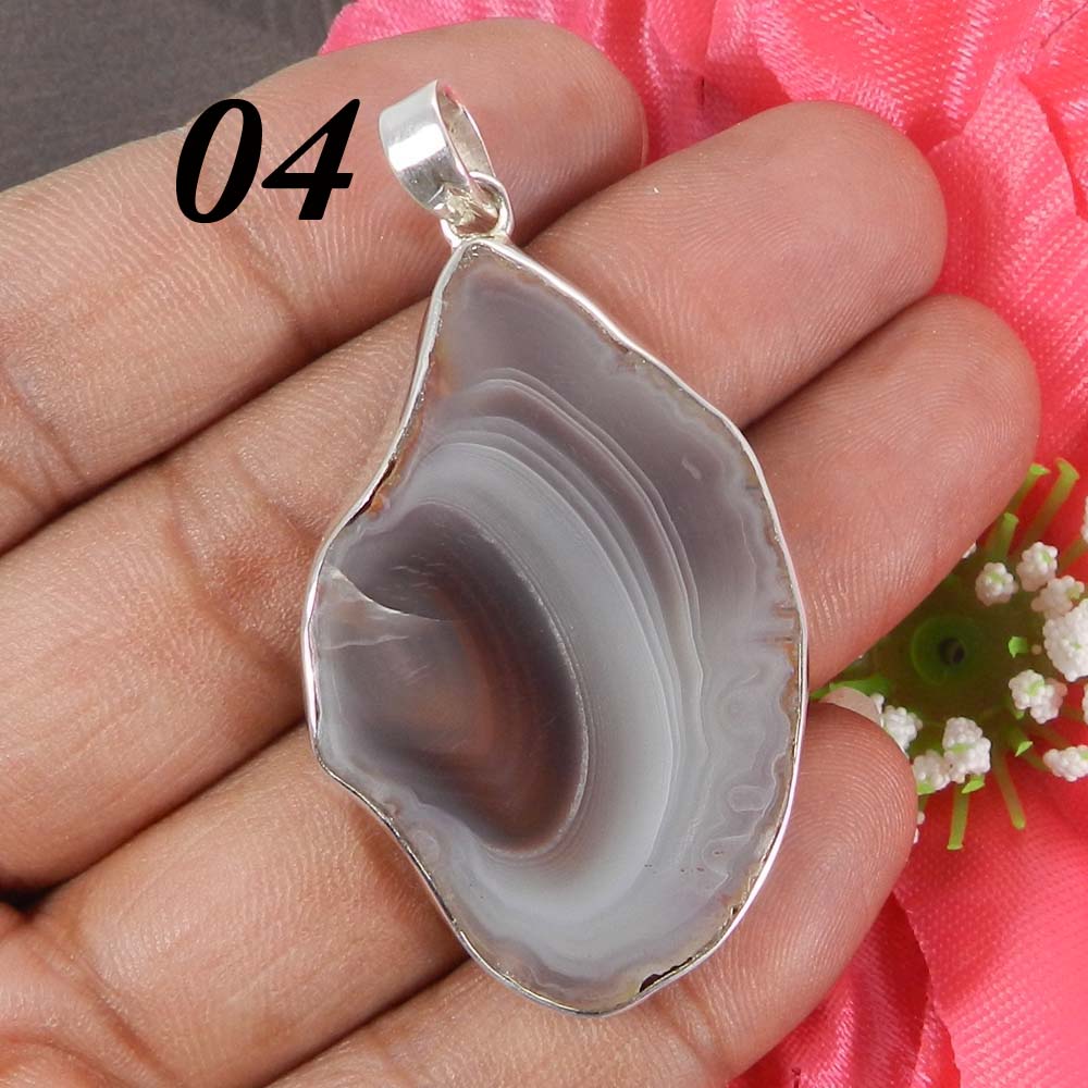 Natural Agate Slice 925 Sterling Silver Designer Bezel Set Pendant