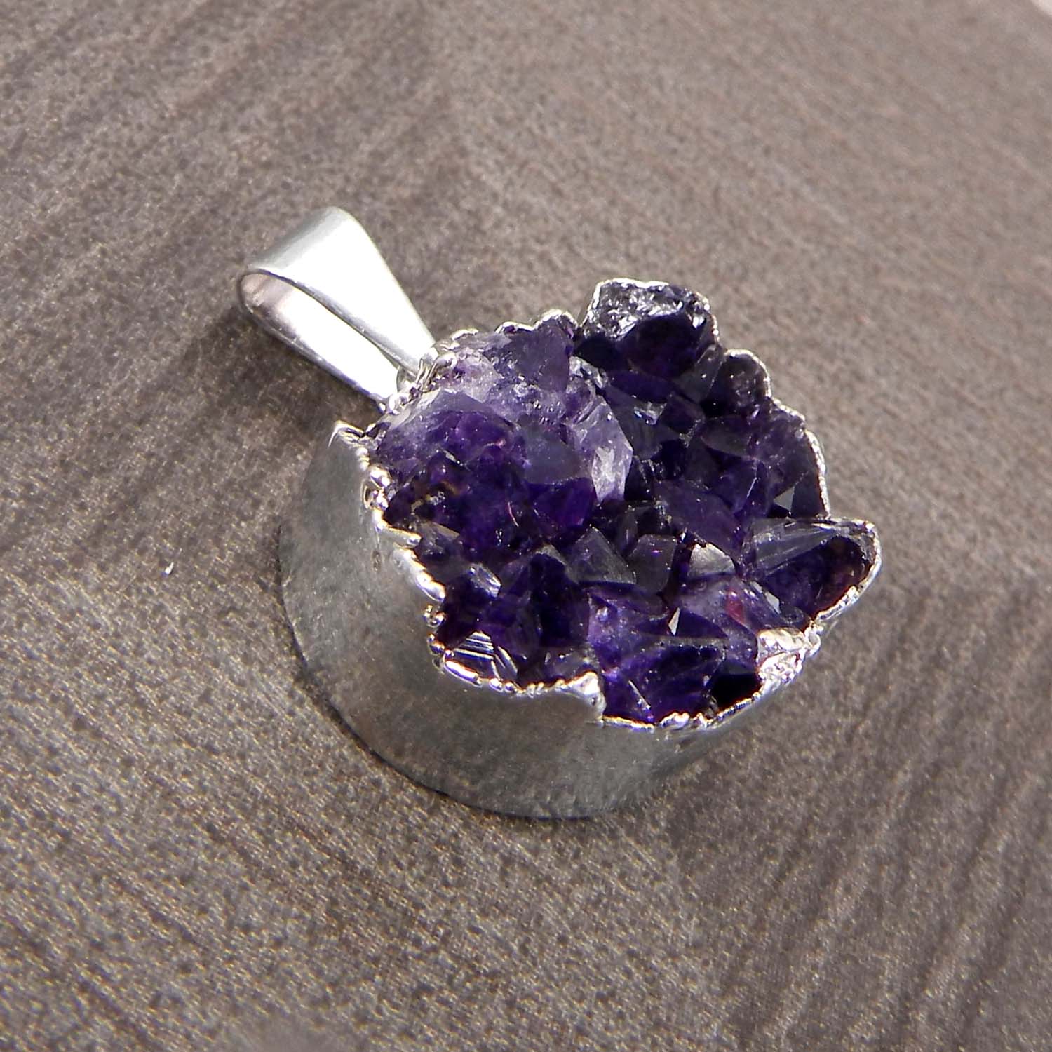 Natural Amethyst Druzy Rough Silver Electroplated Pendant
