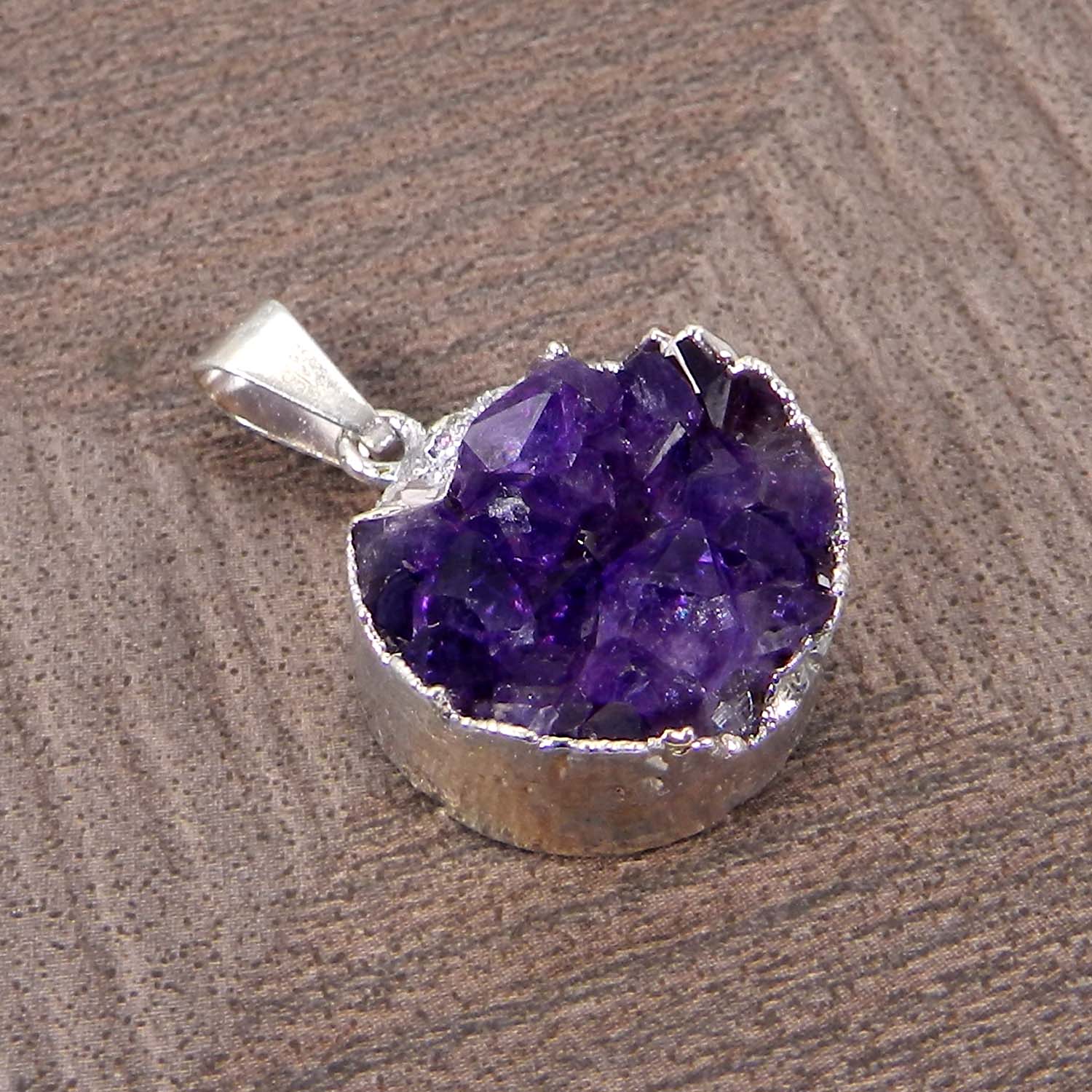 Natural Amethyst Druzy Rough Silver Electroplated Pendant