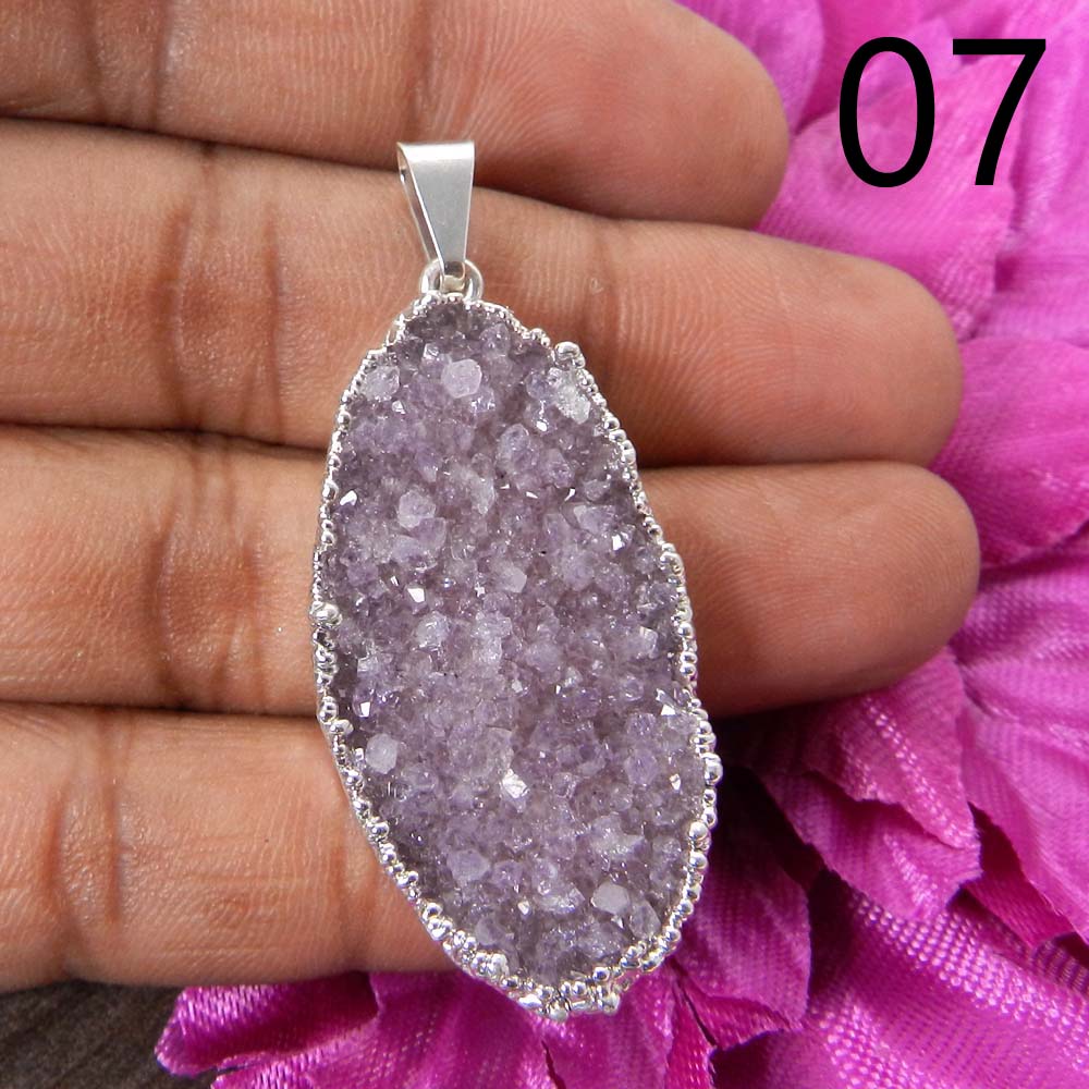 Natural Amethyst Druzy Rough Silver Electroplated Pendant