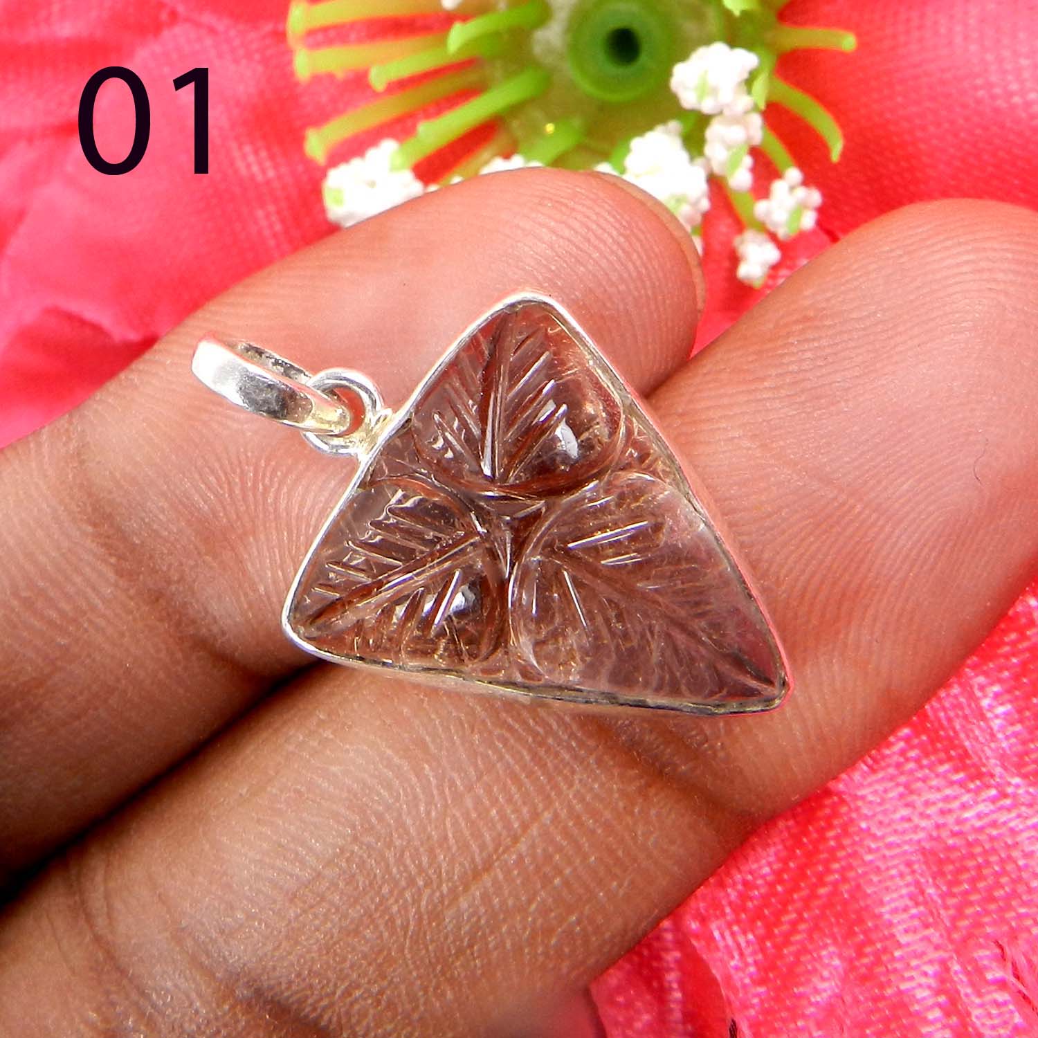 Natural Ametrine Leaf Carving 925 Sterling Silver Bezel Set Pendant