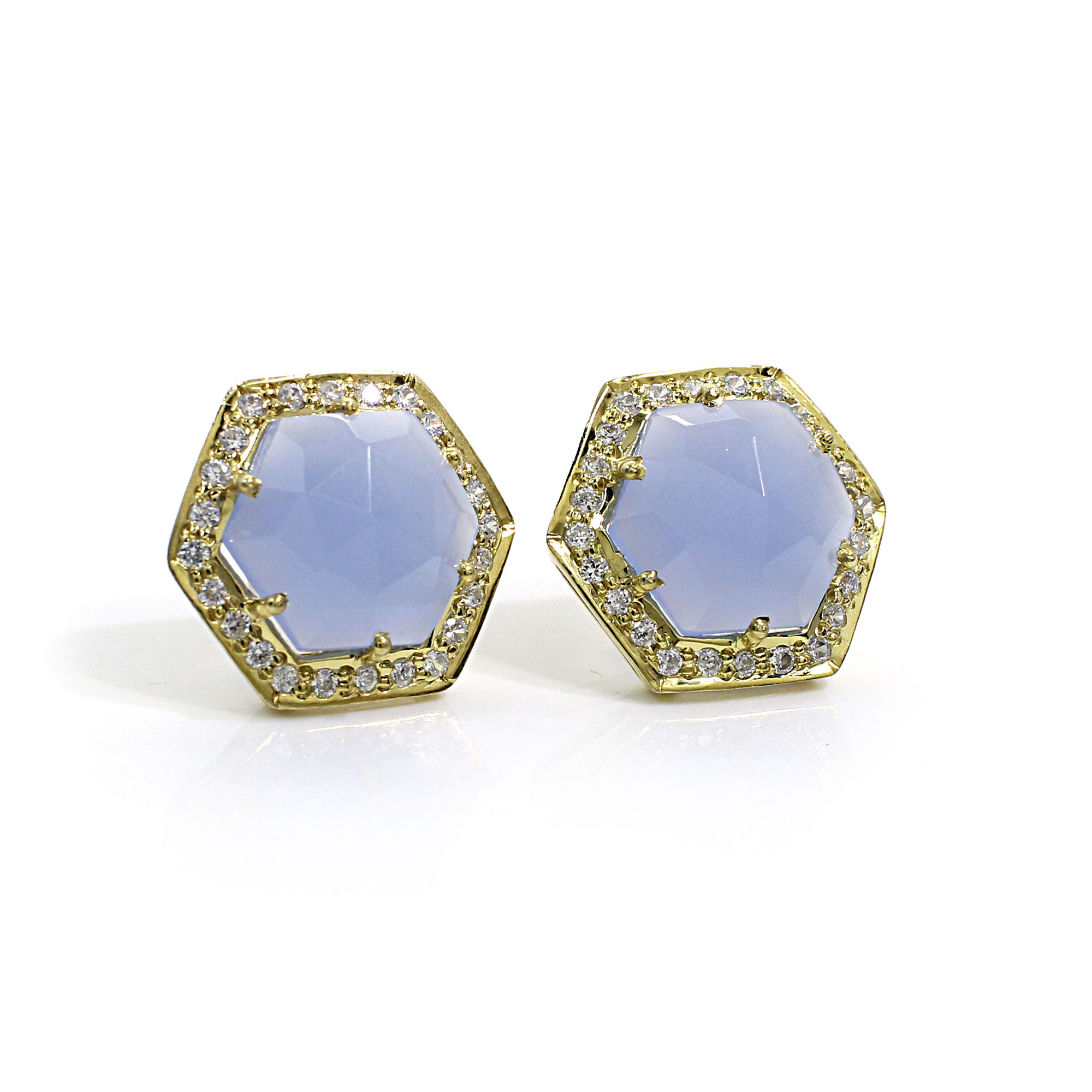 Natural Blue Chalcedony with CZ Silver Stud Earrings