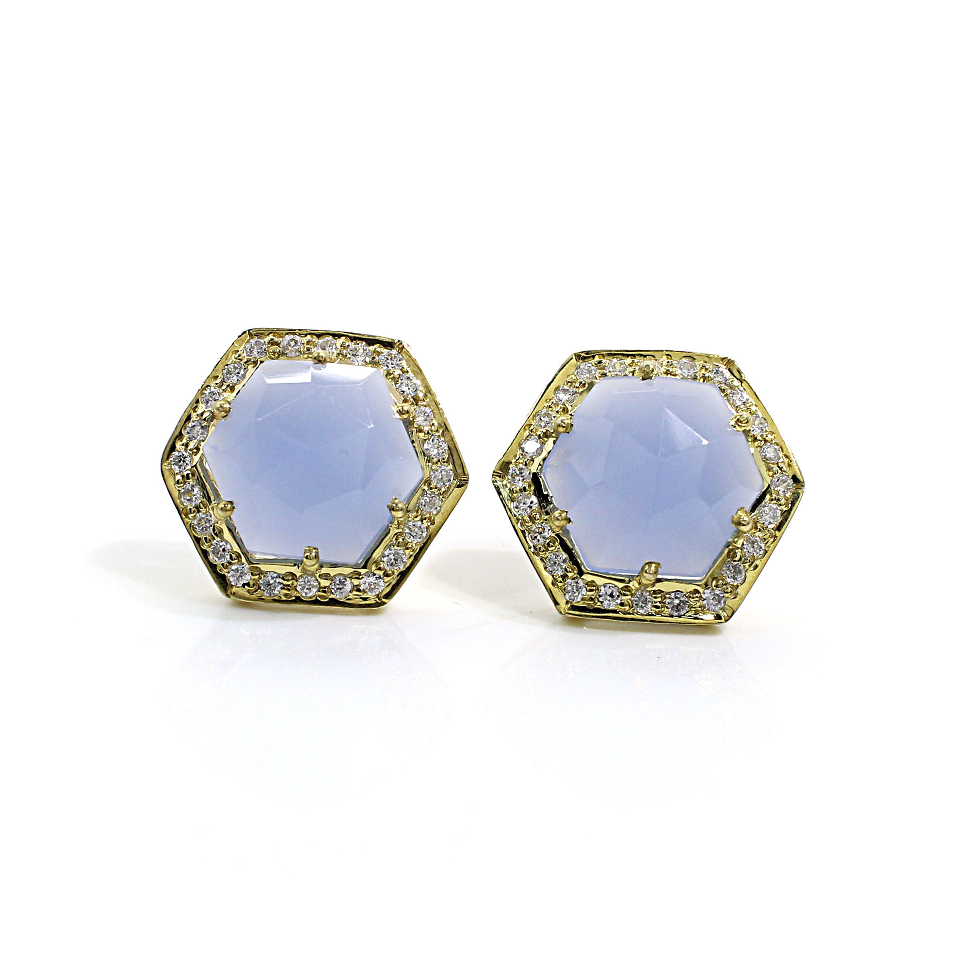 Natural Blue Chalcedony with CZ Silver Stud Earrings