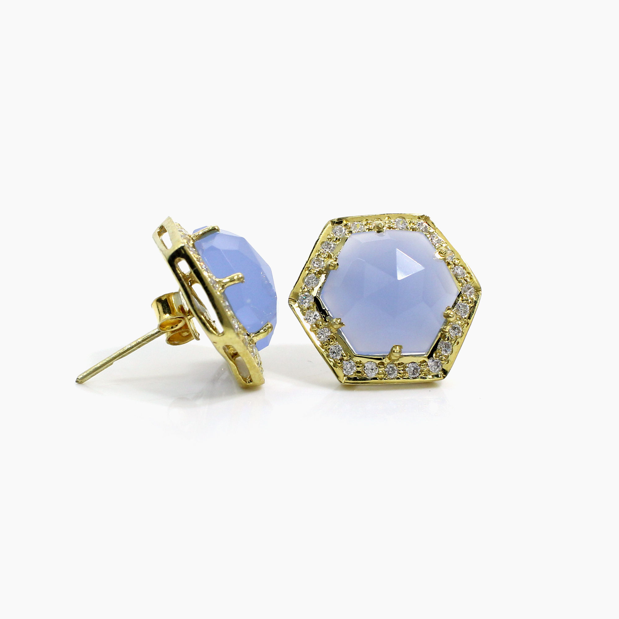 Natural Blue Chalcedony with CZ Silver Stud Earrings