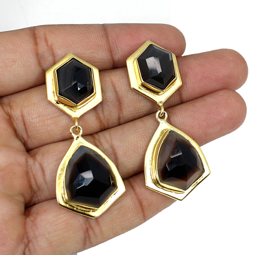 Natural Botswana Agate Gemstone Brass Gold Plated Earring