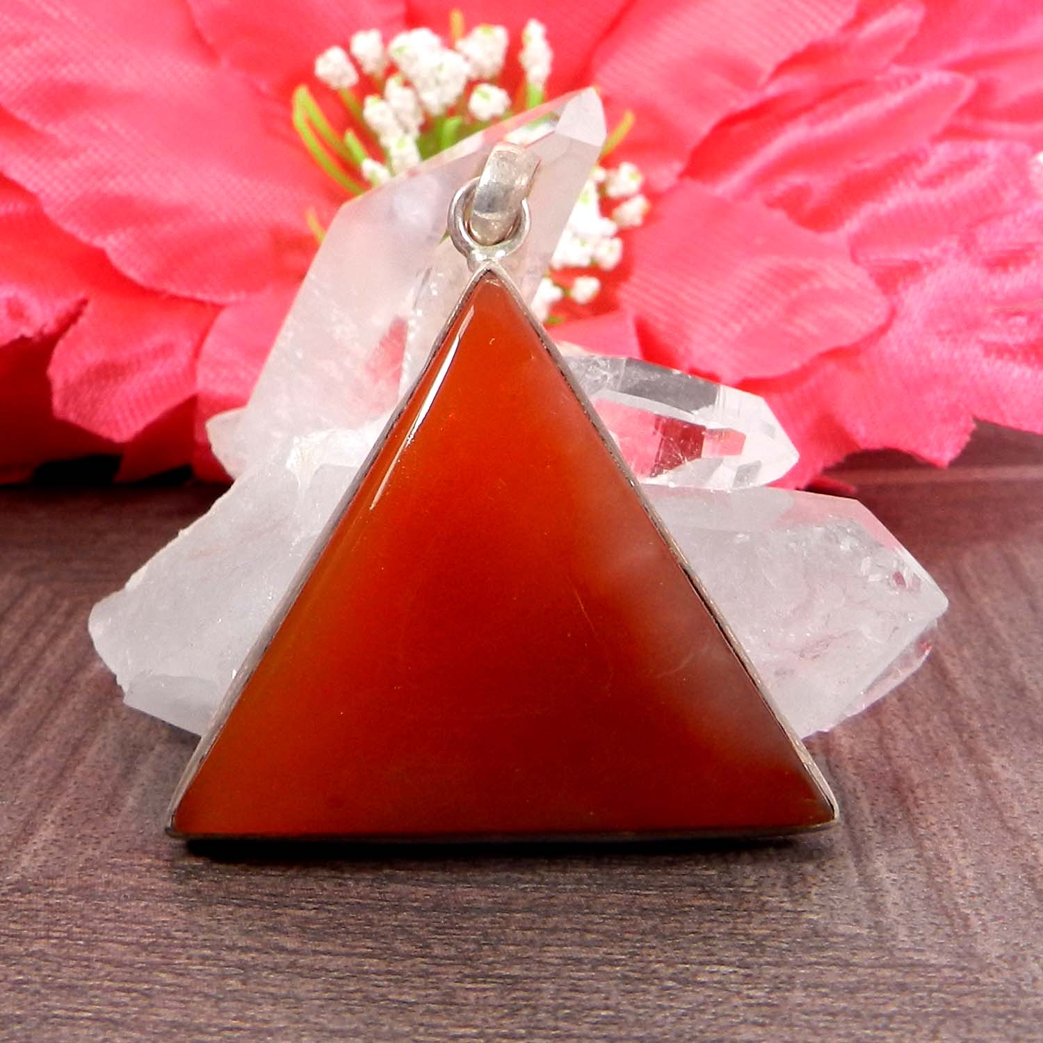 Natural Carnelian Triangle 925 Sterling Silver Bezel Set Pendant