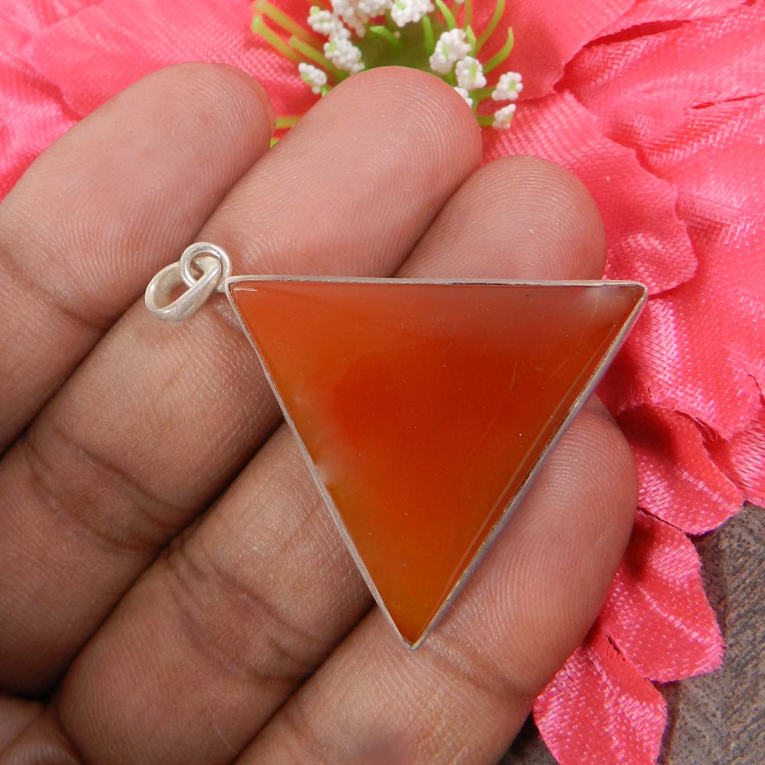 Natural Carnelian Triangle 925 Sterling Silver Bezel Set Pendant