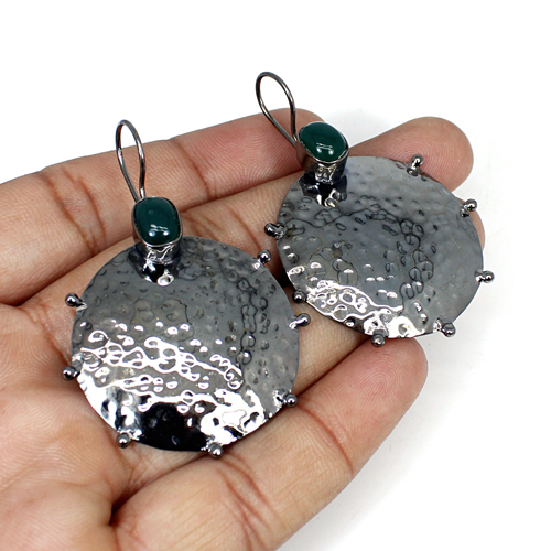 Natural Green Onyx Gemstone Brass Black Ruthenium Plated Earring