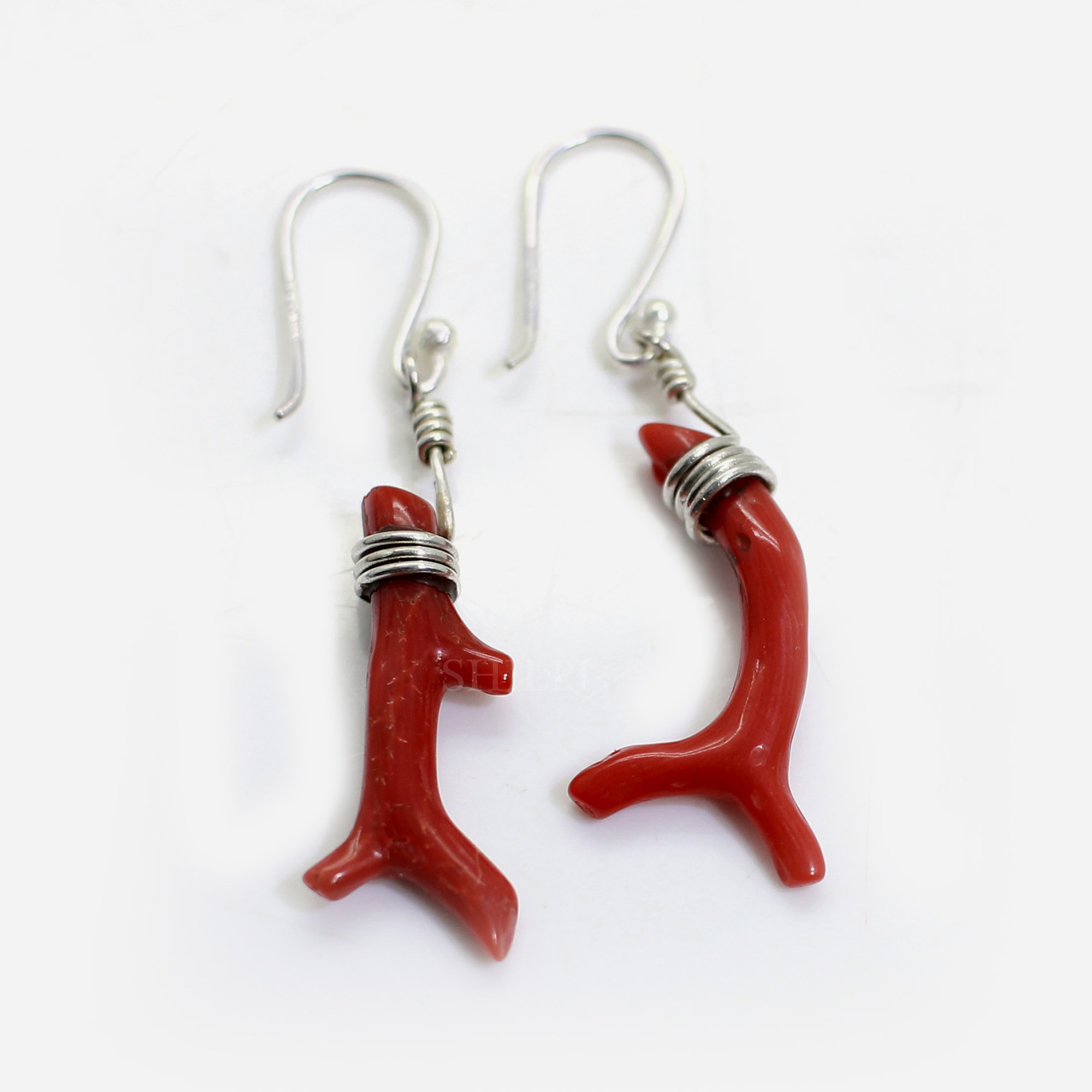 Natural Italian Red Coral Sterling Silver Dangle Earrings