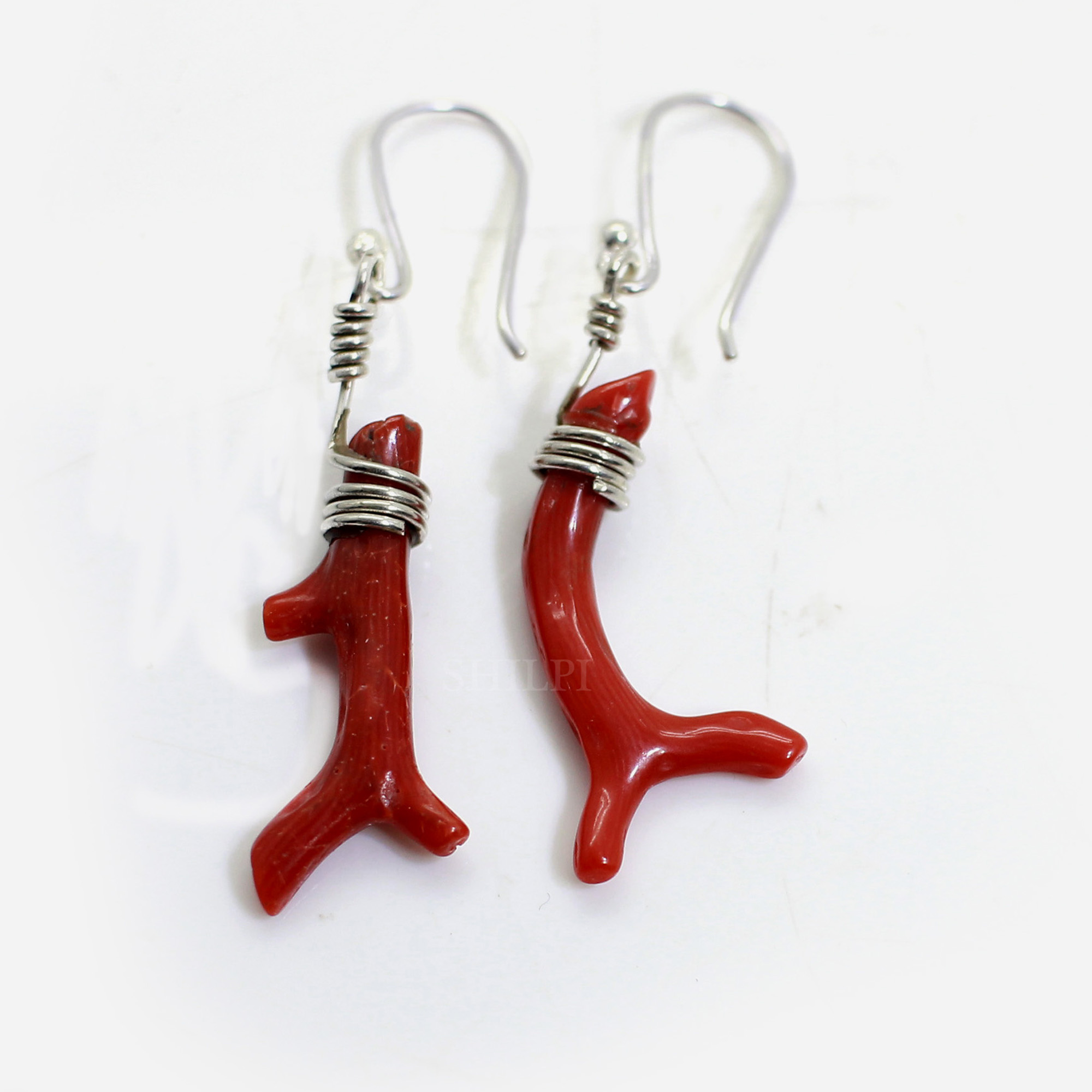 Natural Italian Red Coral Sterling Silver Dangle Earrings