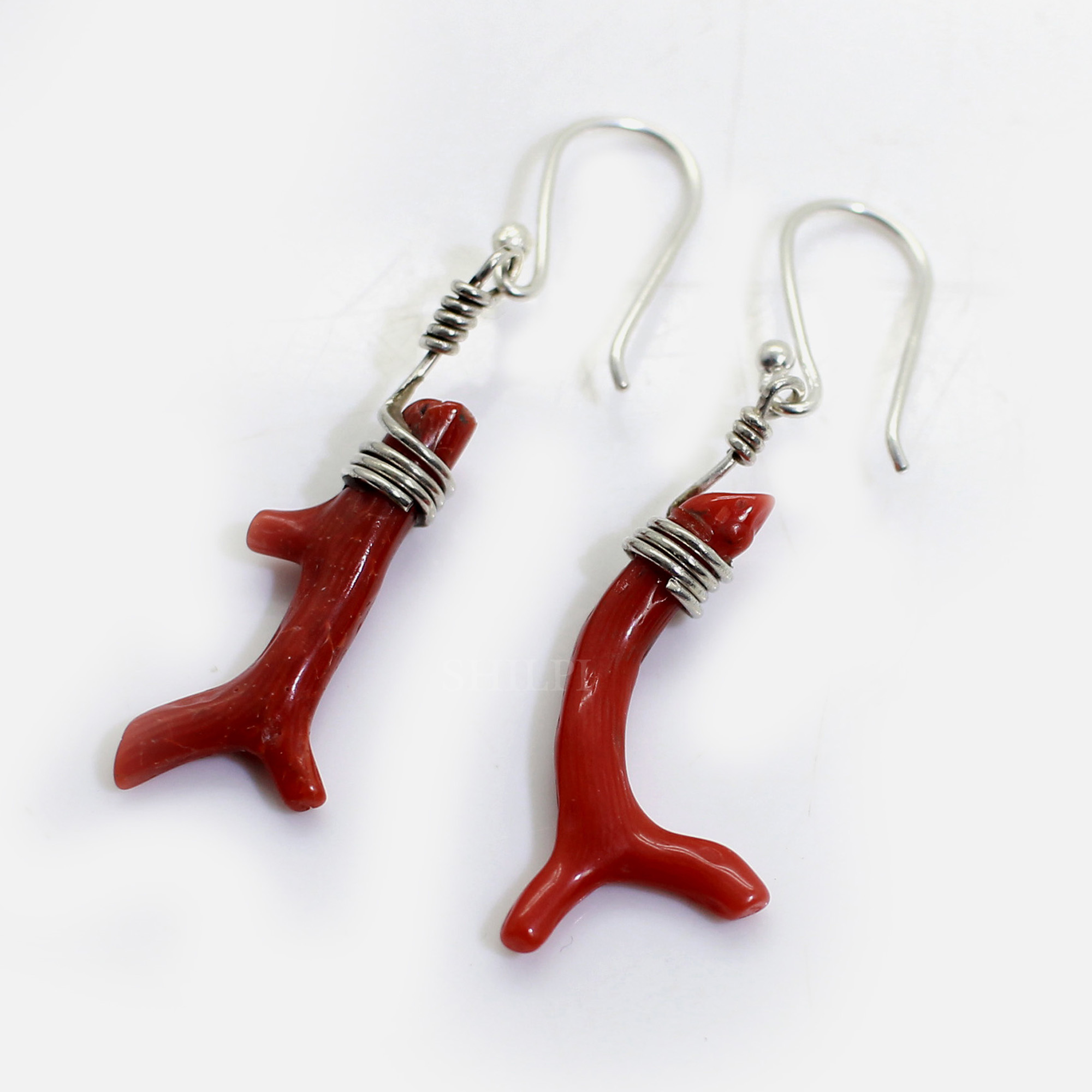 Natural Italian Red Coral Sterling Silver Dangle Earrings