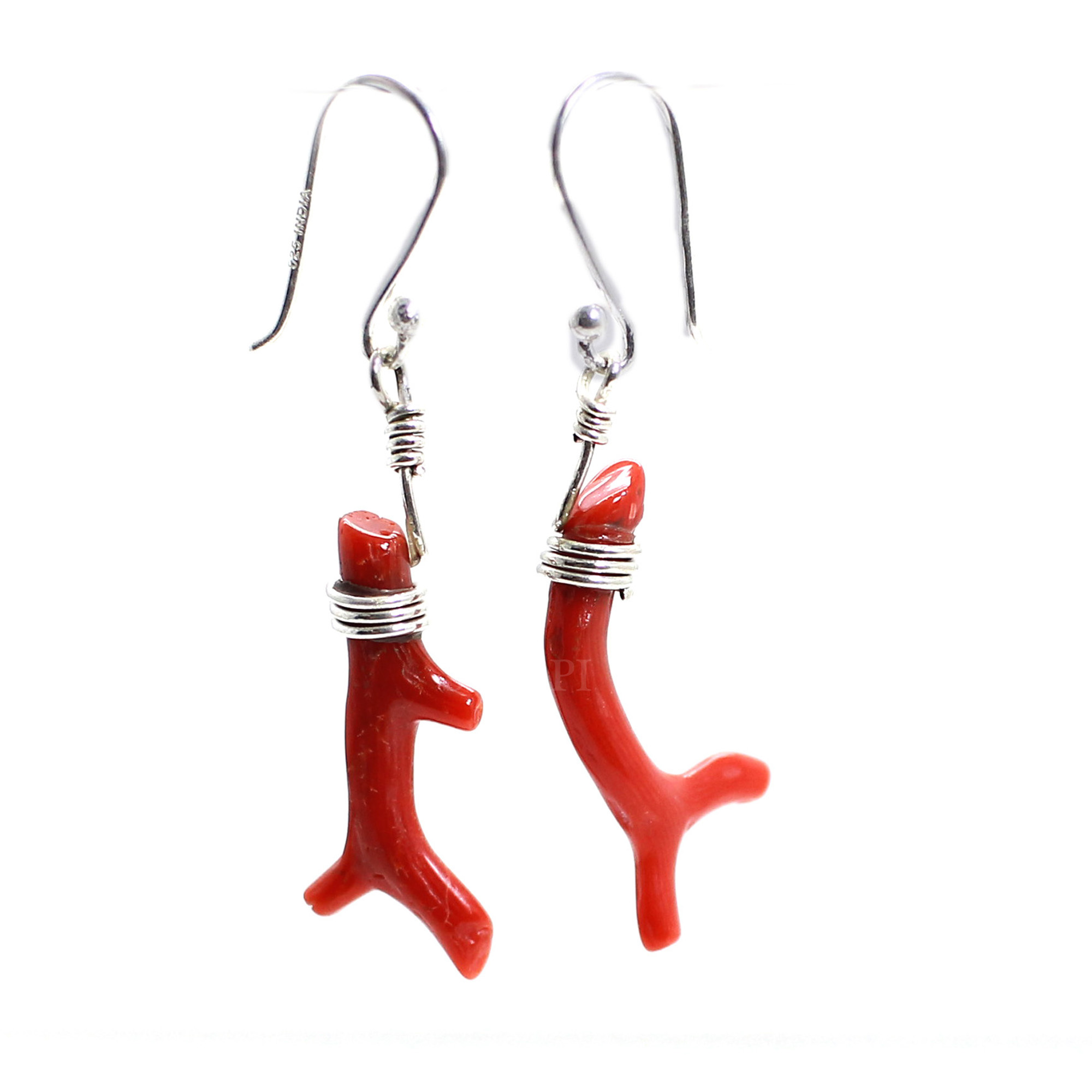Natural Italian Red Coral Sterling Silver Dangle Earrings