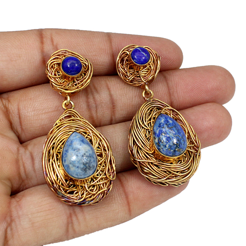 Natural Lapis Lazuli amp Sodalite Gemstone Brass Rose Gold Plated Earring