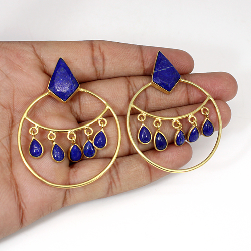 Natural Lapis Lazuli Gemstone Brass Gold Plated Earring