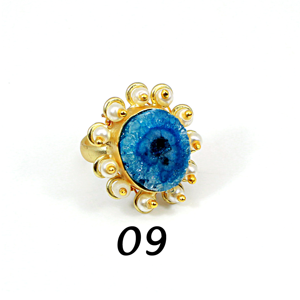 Natural Multi Solar Quartz Druzy amp Pearl Brass Vermeil Adjustable Ring