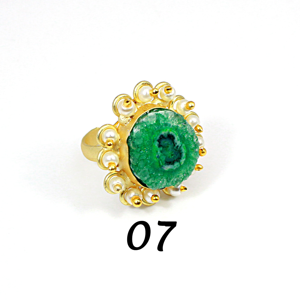 Natural Multi Solar Quartz Druzy amp Pearl Brass Vermeil Adjustable Ring