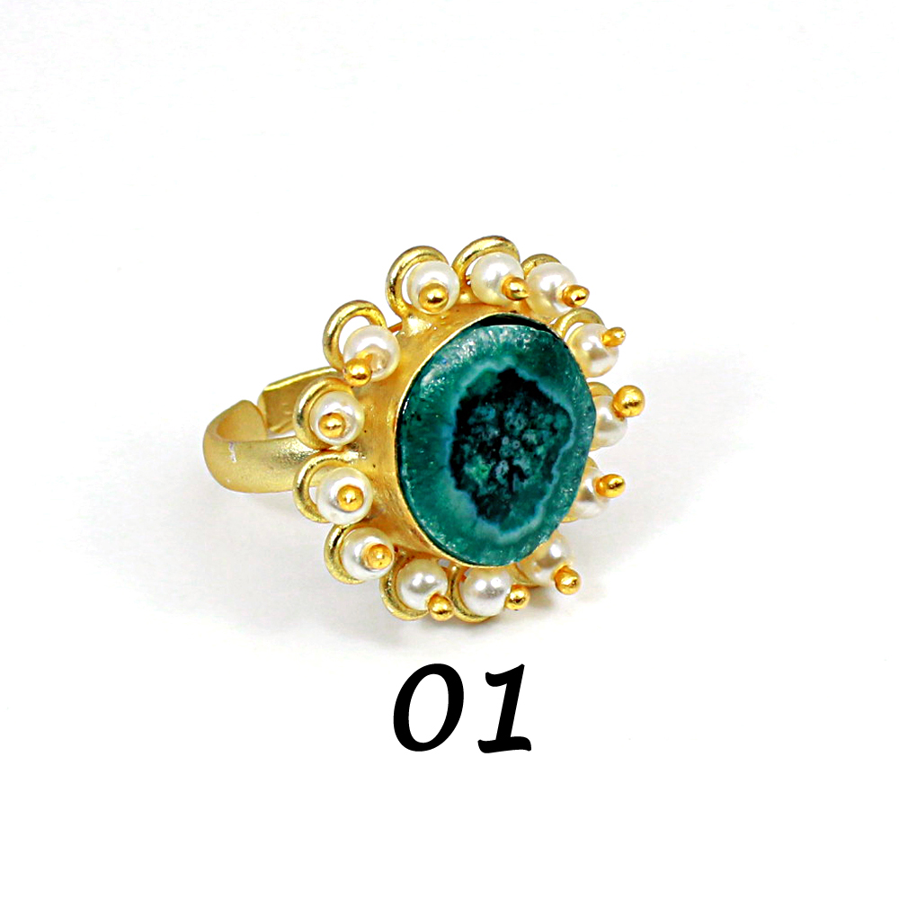 Natural Multi Solar Quartz Druzy amp Pearl Brass Vermeil Adjustable Ring