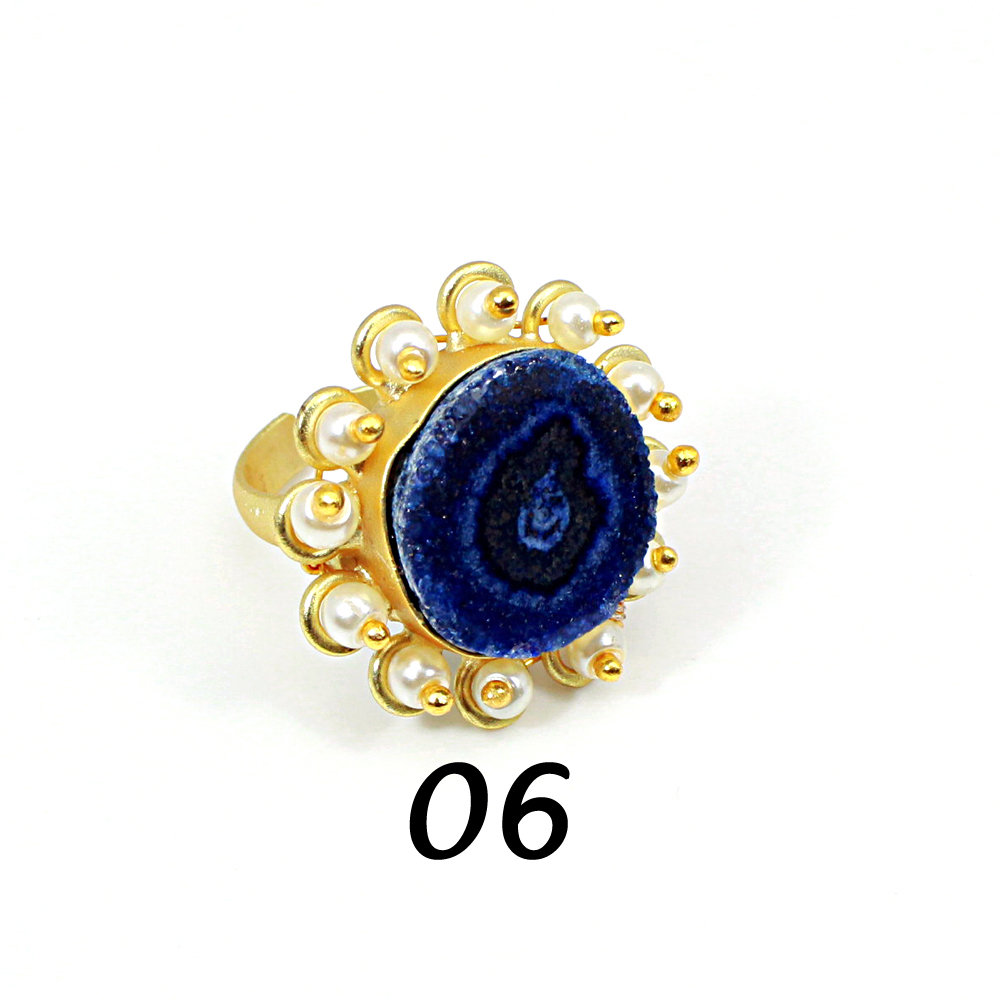 Natural Multi Solar Quartz Druzy amp Pearl Brass Vermeil Adjustable Ring