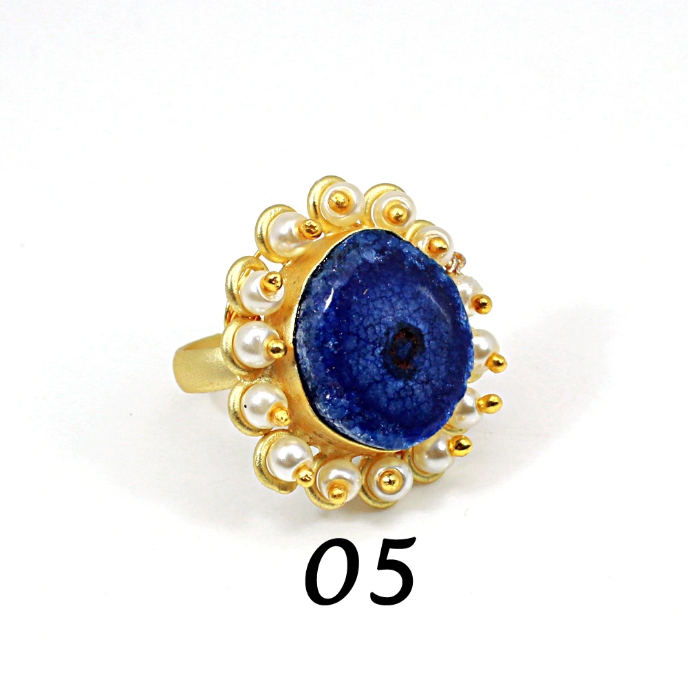 Natural Multi Solar Quartz Druzy amp Pearl Brass Vermeil Adjustable Ring