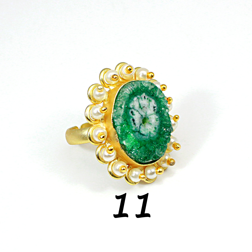 Natural Multi Solar Quartz Druzy amp Pearl Brass Vermeil Adjustable Ring