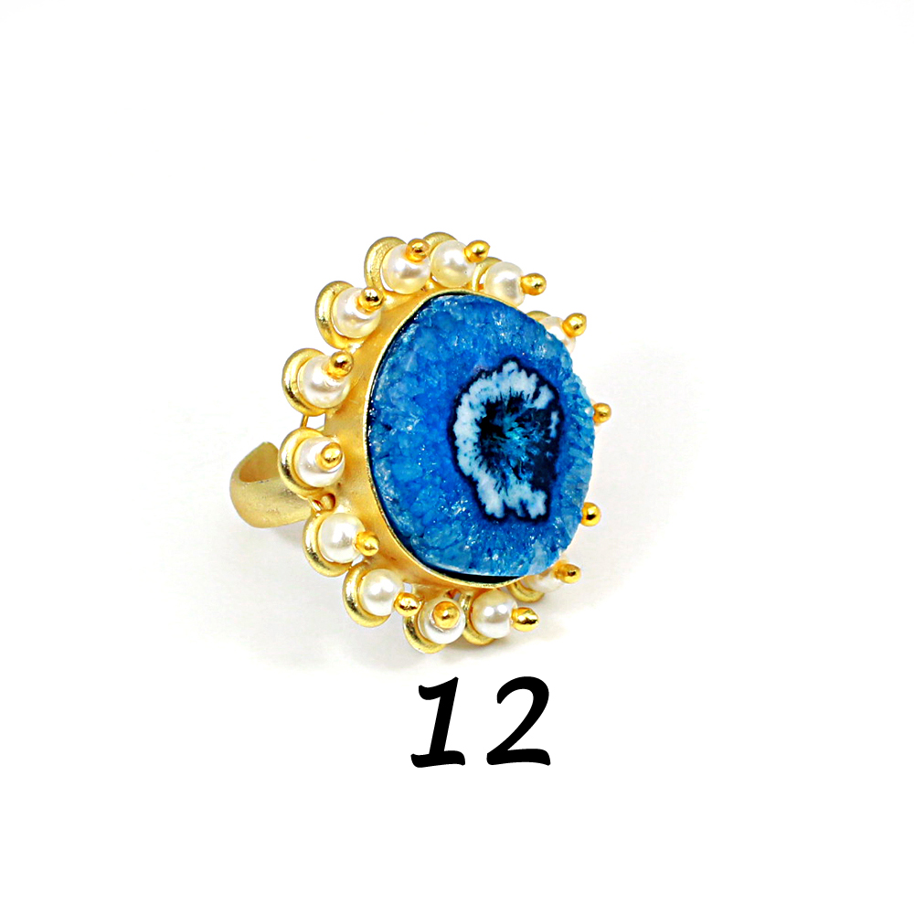 Natural Multi Solar Quartz Druzy amp Pearl Brass Vermeil Adjustable Ring