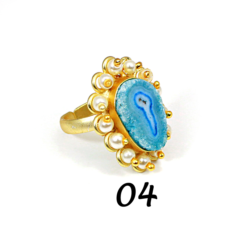 Natural Multi Solar Quartz Druzy amp Pearl Brass Vermeil Adjustable Ring