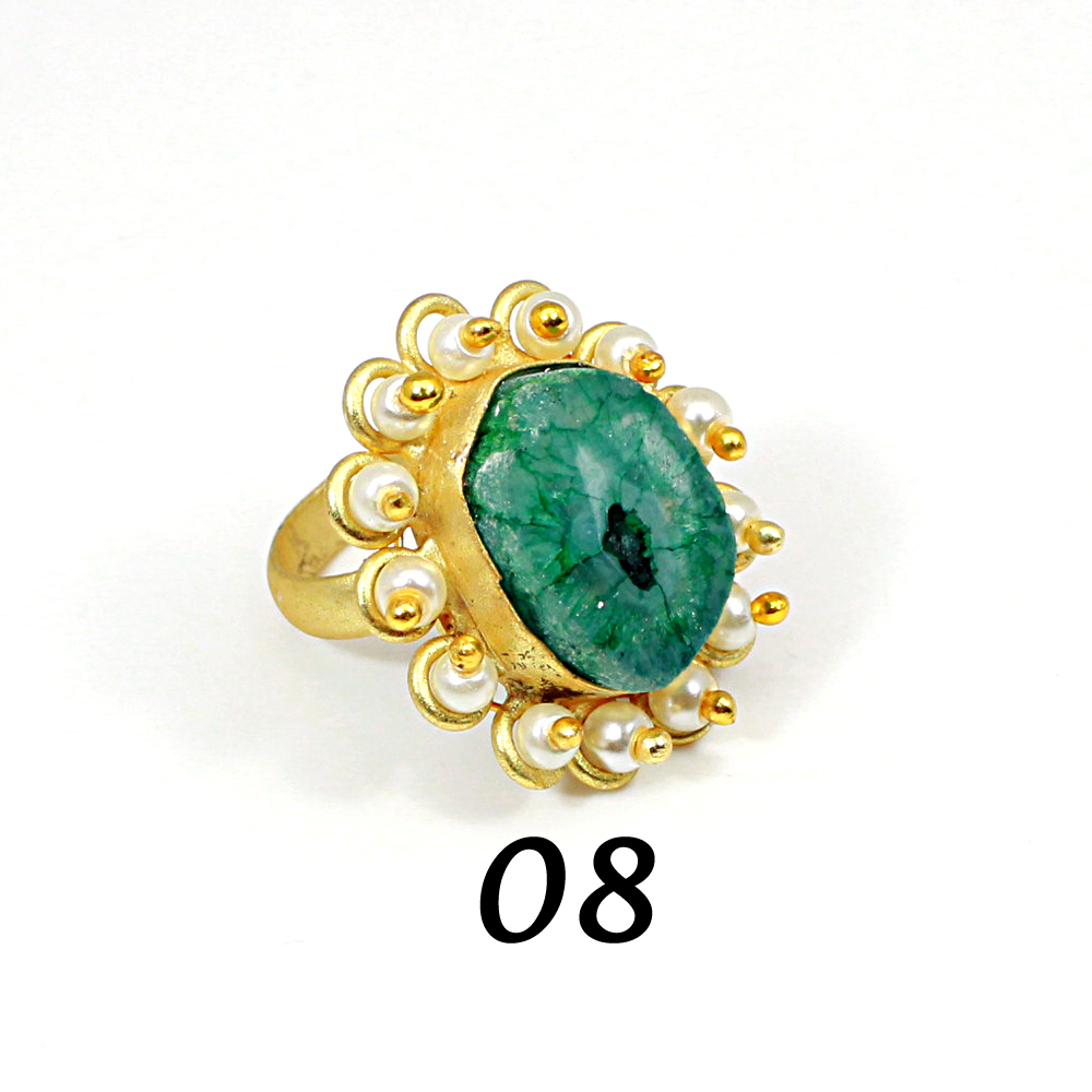 Natural Multi Solar Quartz Druzy amp Pearl Brass Vermeil Adjustable Ring