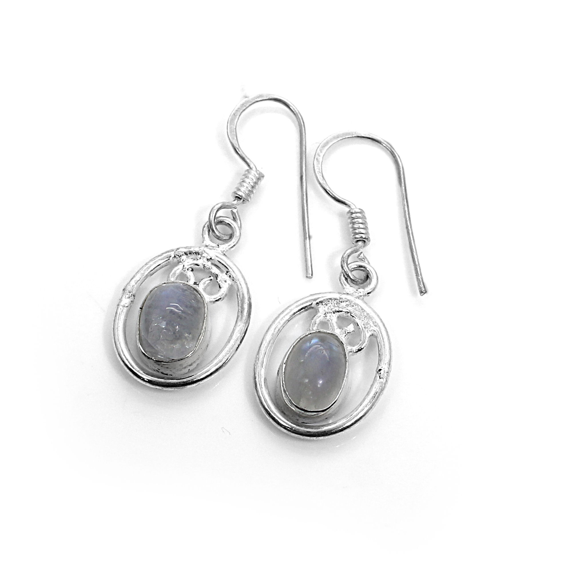 Natural Rainbow Moonstone Silver Dangle Earrings