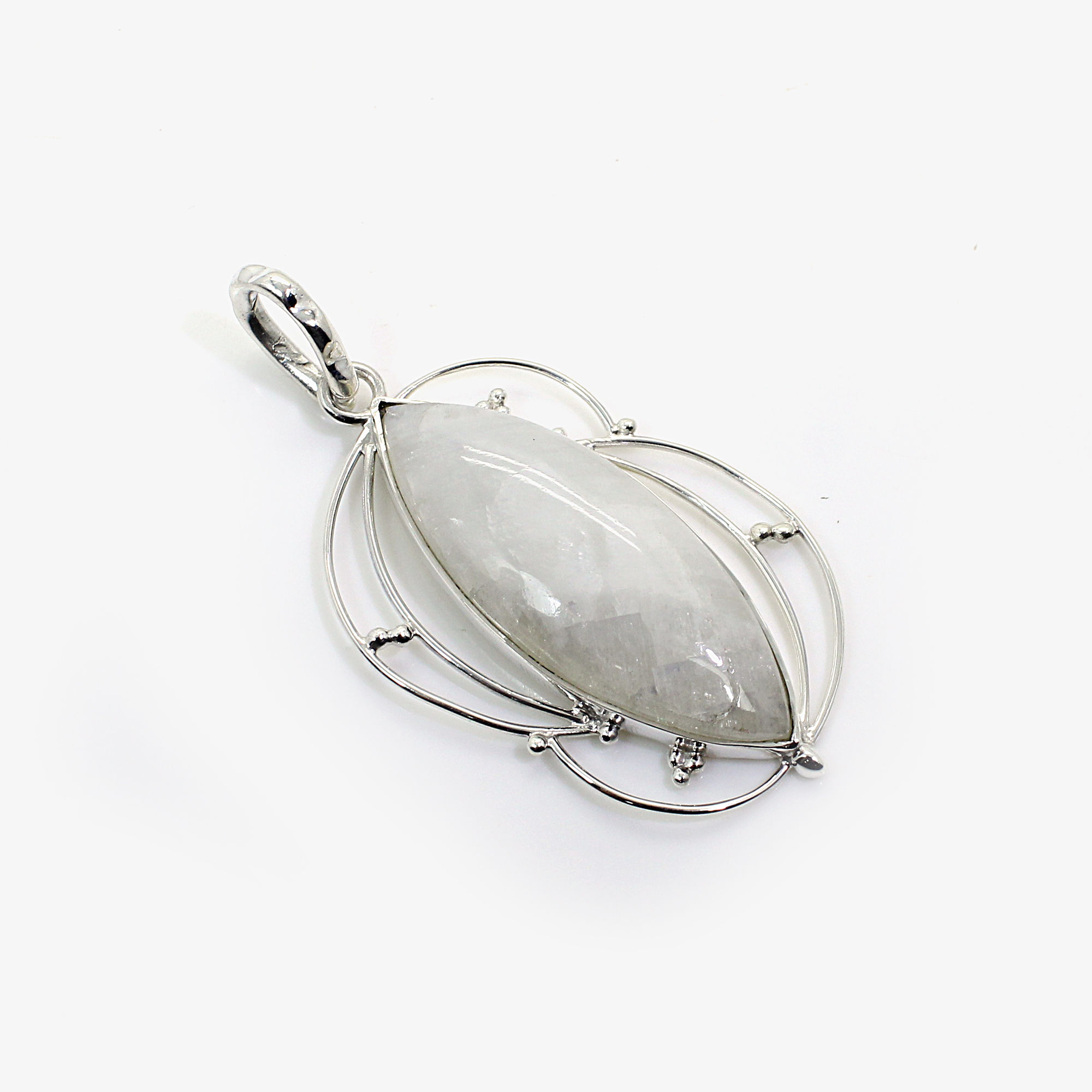 Natural Rainbow Moonstone Silver Filigree Design Pendant