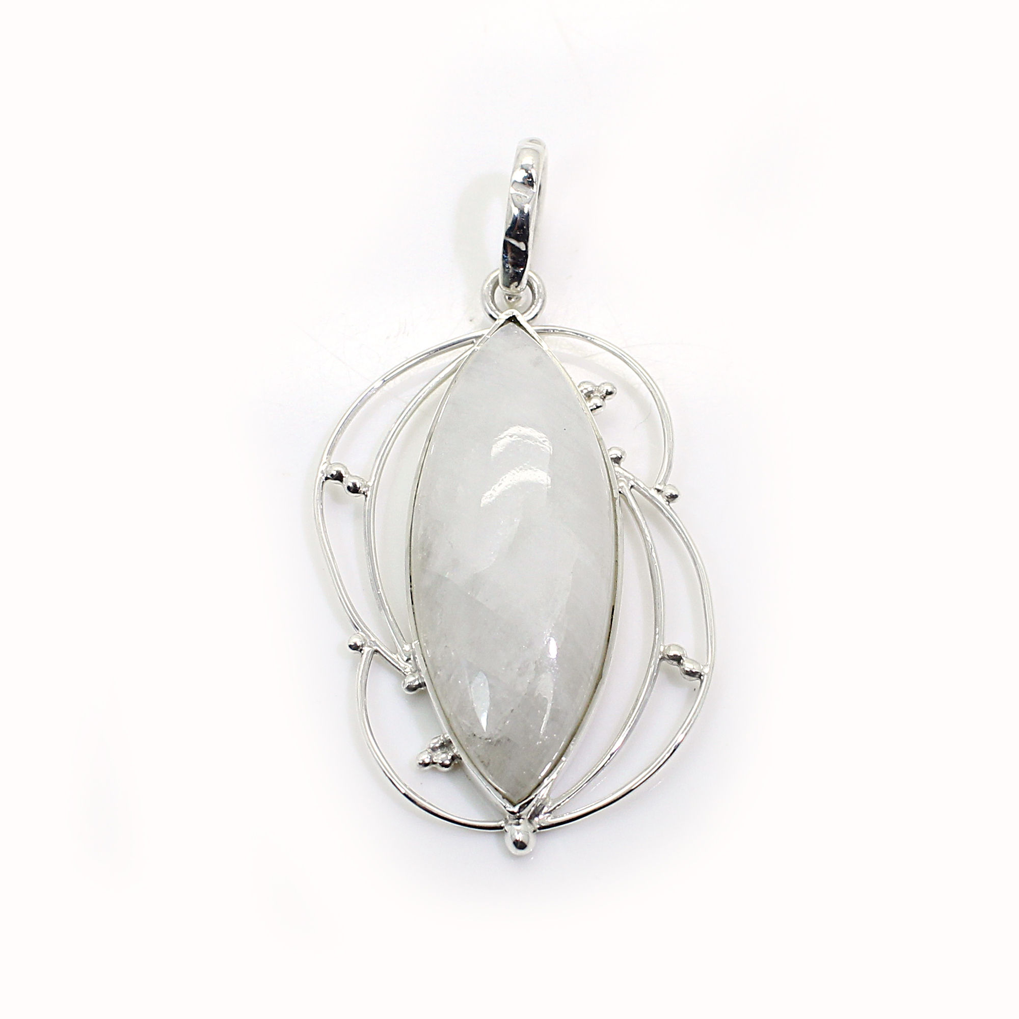 Natural Rainbow Moonstone Silver Filigree Design Pendant