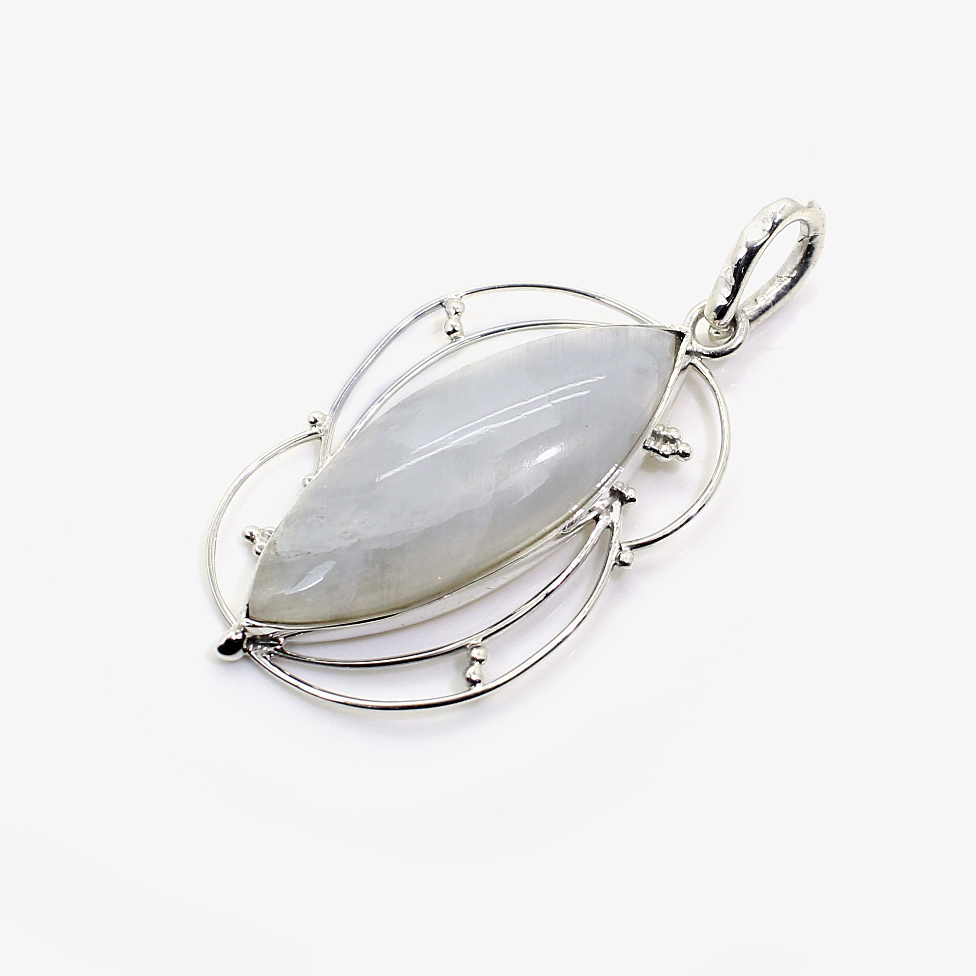 Natural Rainbow Moonstone Silver Filigree Design Pendant