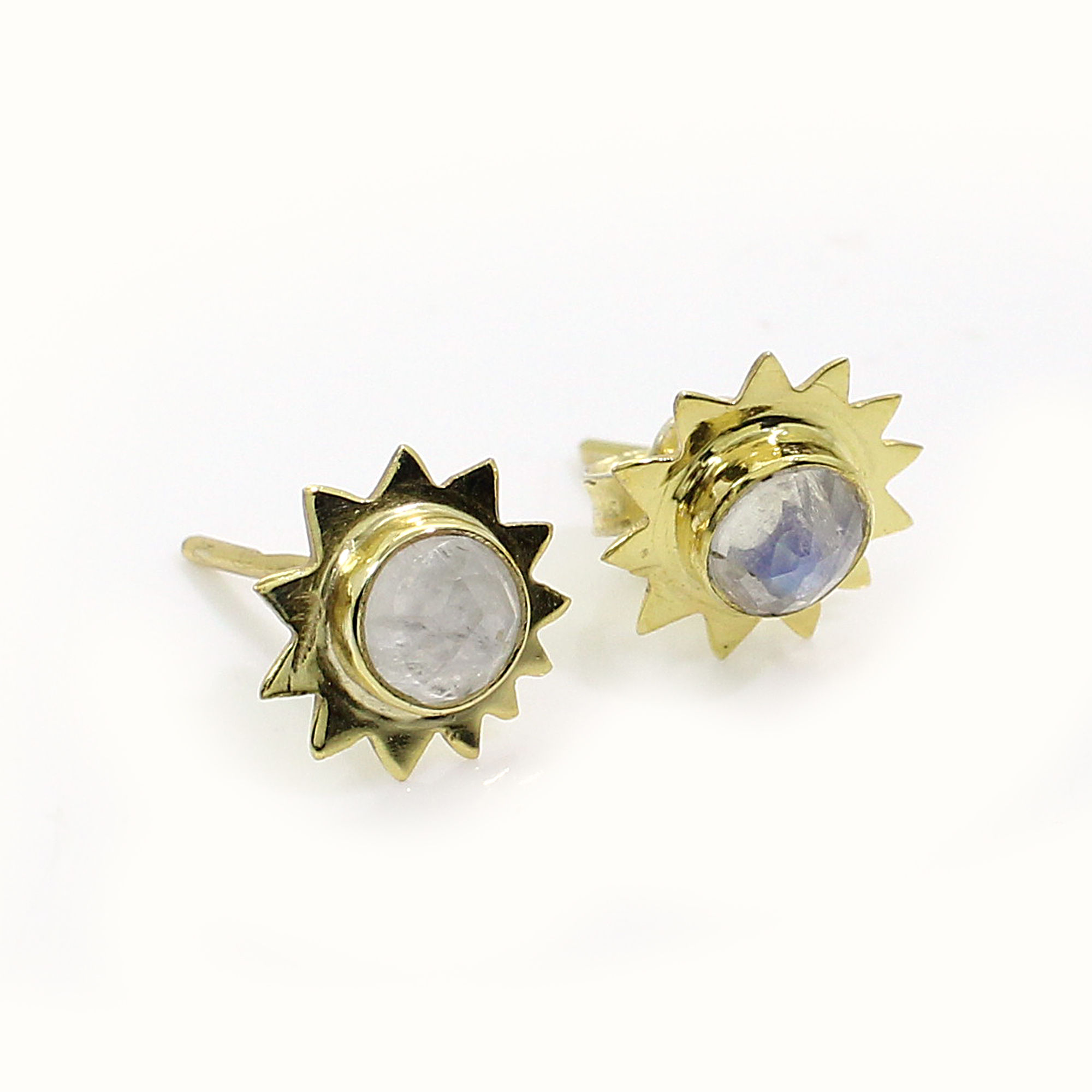 Natural Rainbow Moonstone Sterling Silver Gold Plated Stud Earrings