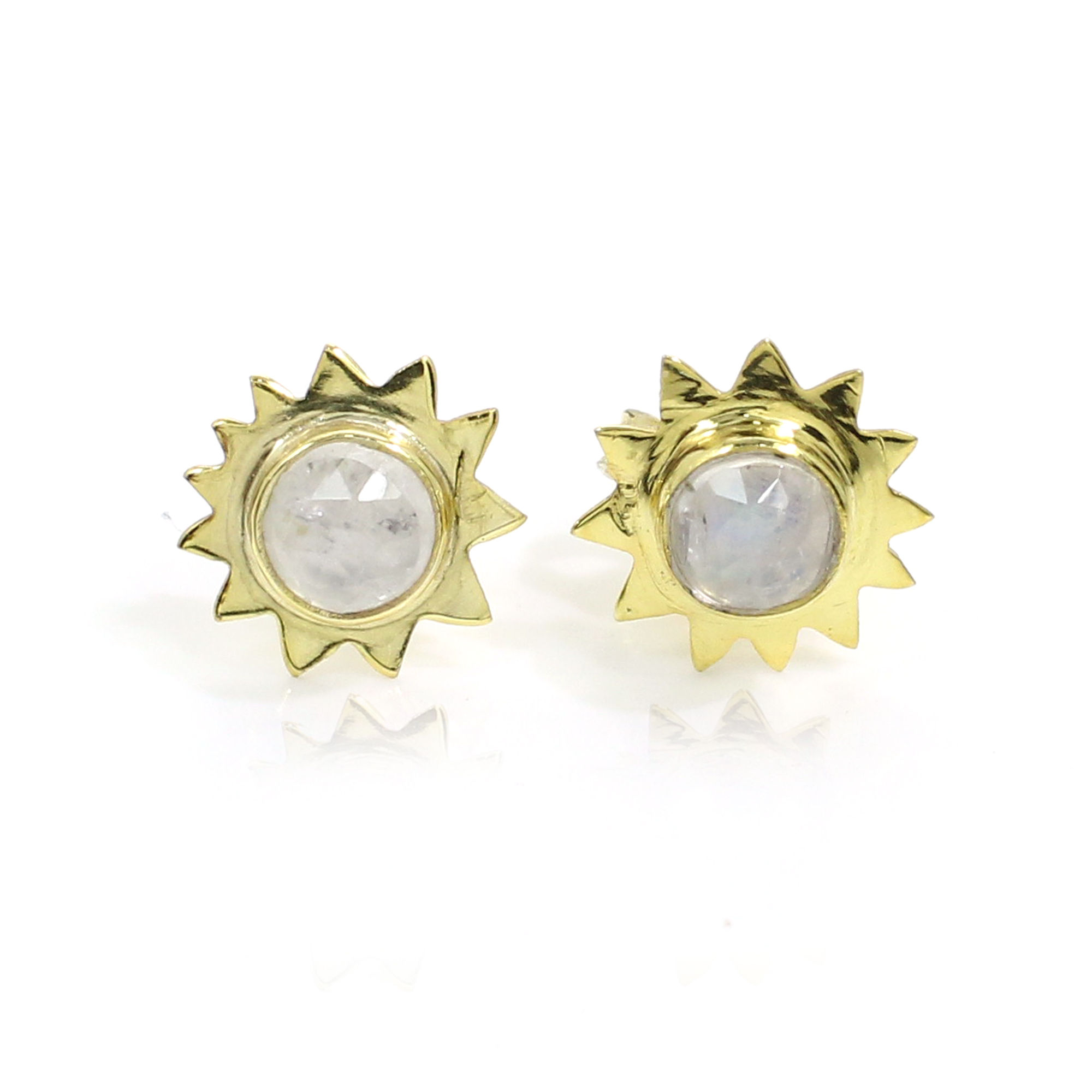 Natural Rainbow Moonstone Sterling Silver Gold Plated Stud Earrings