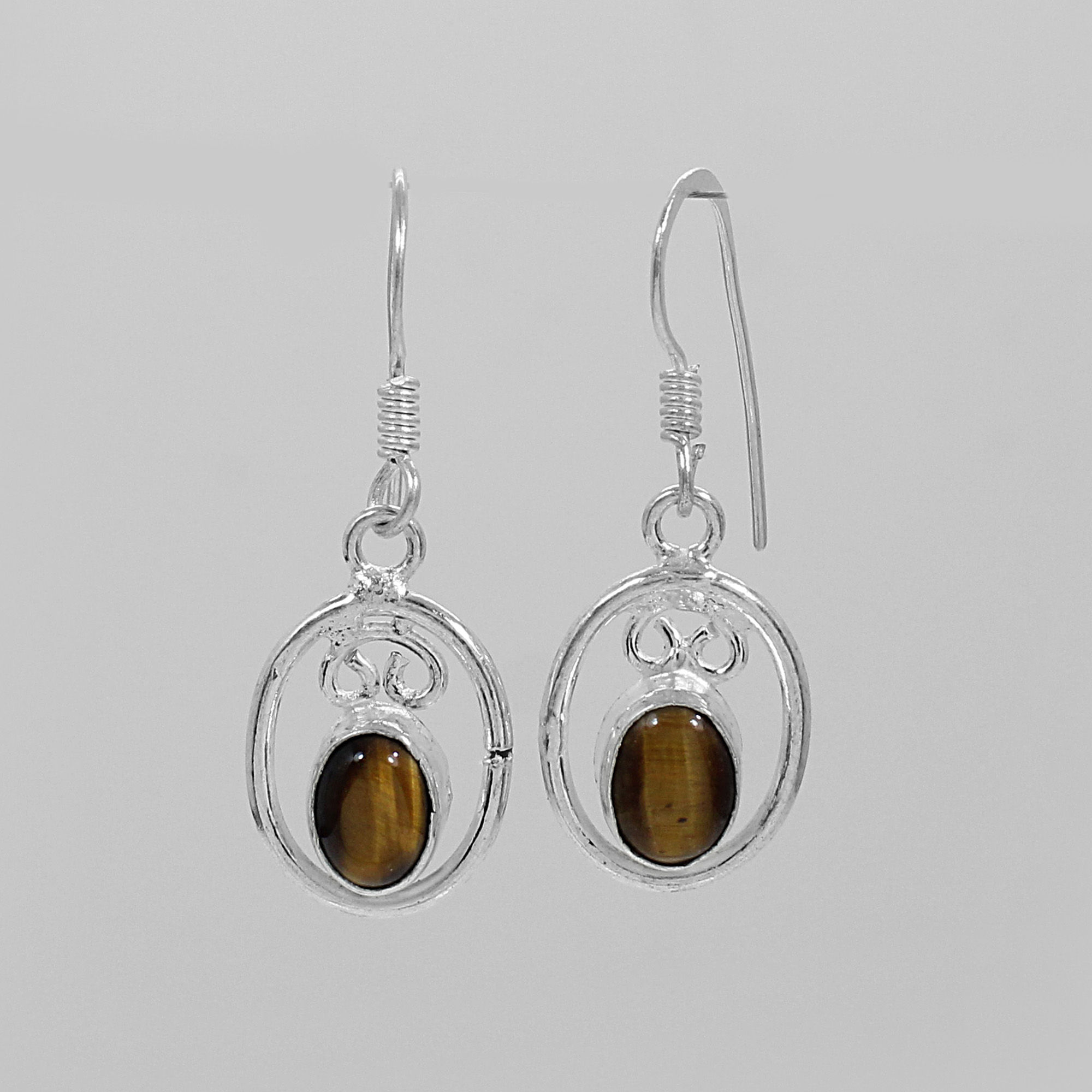 Natural Tiger Eye Silver Dangle Earrings