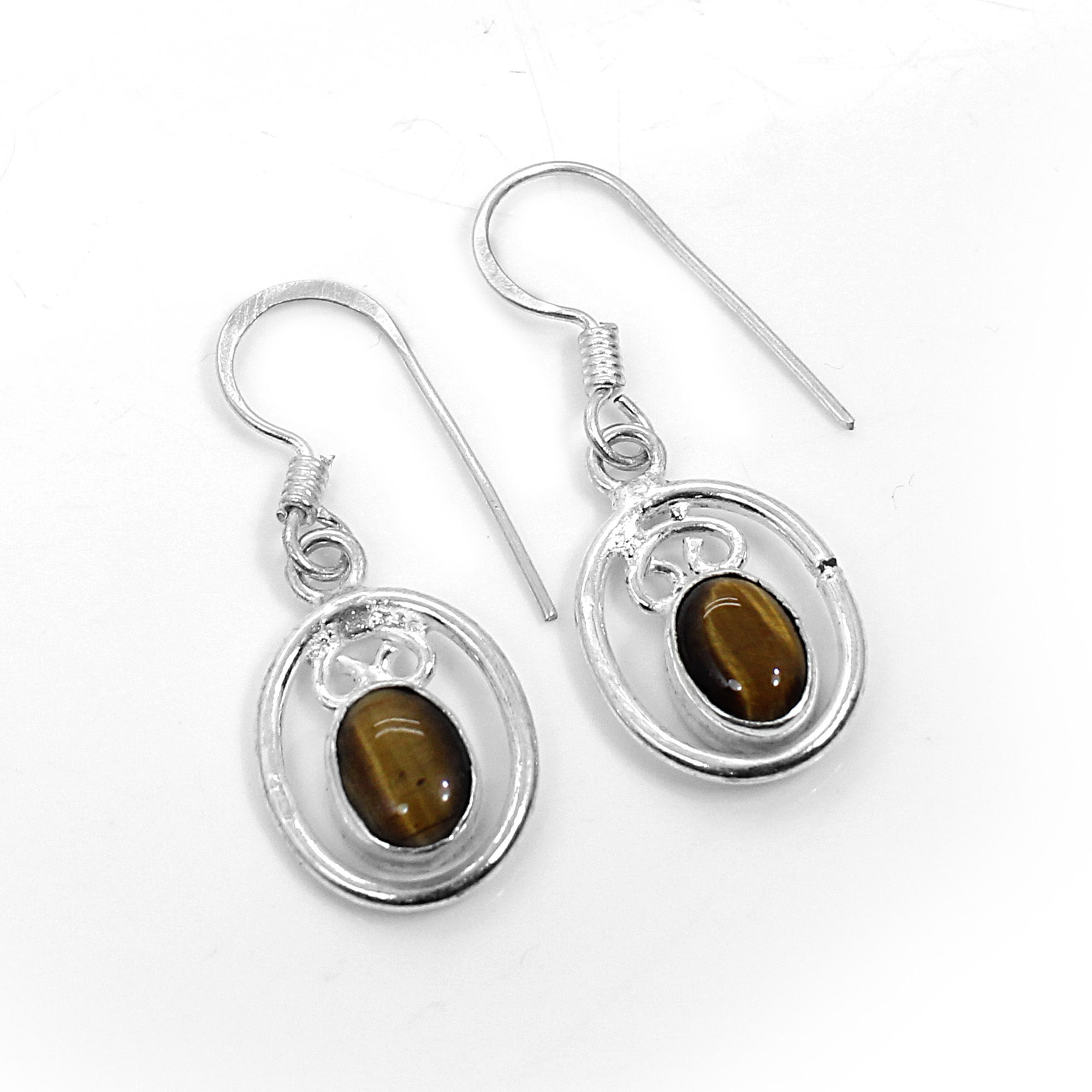 Natural Tiger Eye Silver Dangle Earrings