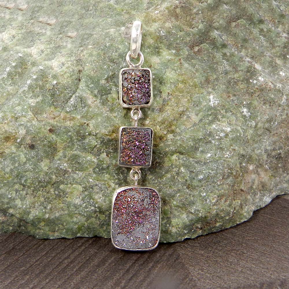 Natural Titanium Druzy 925 Sterling Silver Bezel Set Pendant
